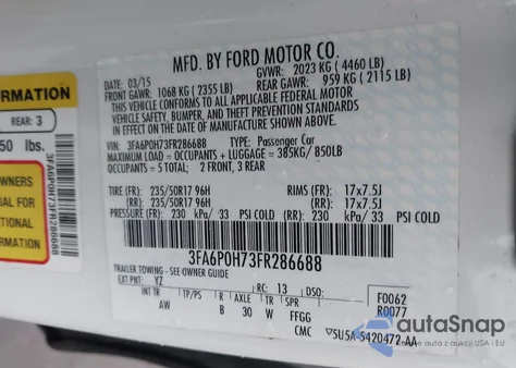 2015 Ford Fusion Se из США, поврежденный, VIN 3FA6P0H73FR286688